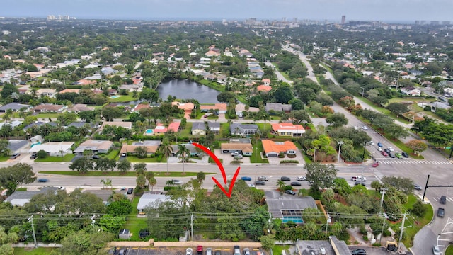 aerial view featuring a water view