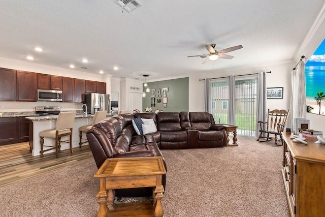 living room featuring crown molding, hardwood / wood-style floors, and a textured ceiling