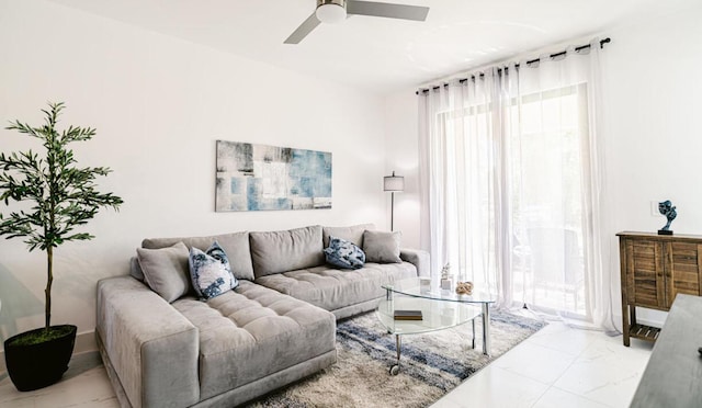 living room with ceiling fan