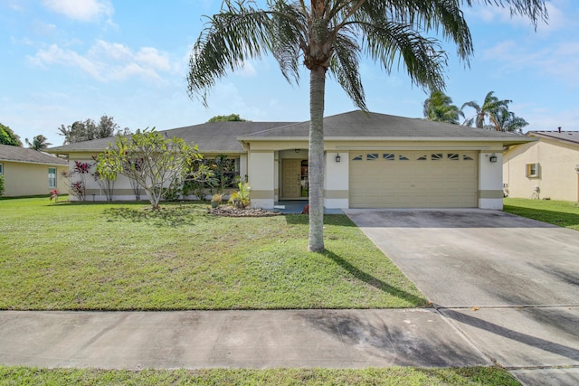 single story home featuring a front yard and a garage