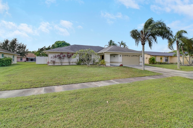 single story home with a garage and a front lawn