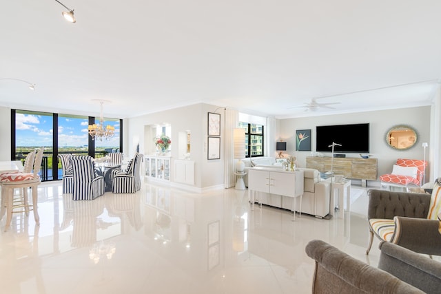 2003 N Ocean Blvd Unit 1203, Boca Raton, FL 33431 - living area featuring a chandelier, ornamental molding, light tile patterned floors, a ceiling fan, and a wall of windows
