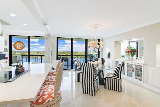 tiled dining room with expansive windows, crown molding, a water view, and a notable chandelier