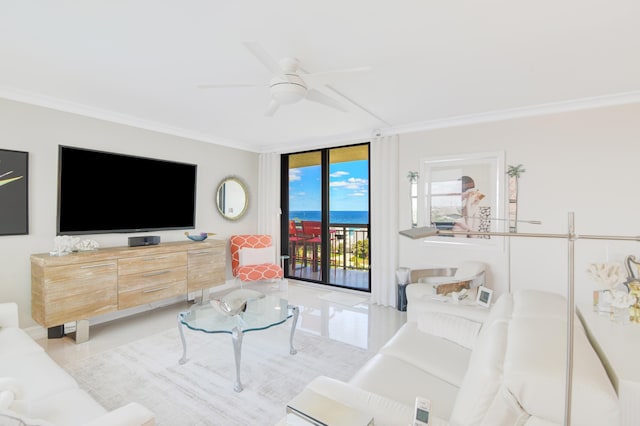 tiled living room with floor to ceiling windows, ceiling fan, and ornamental molding