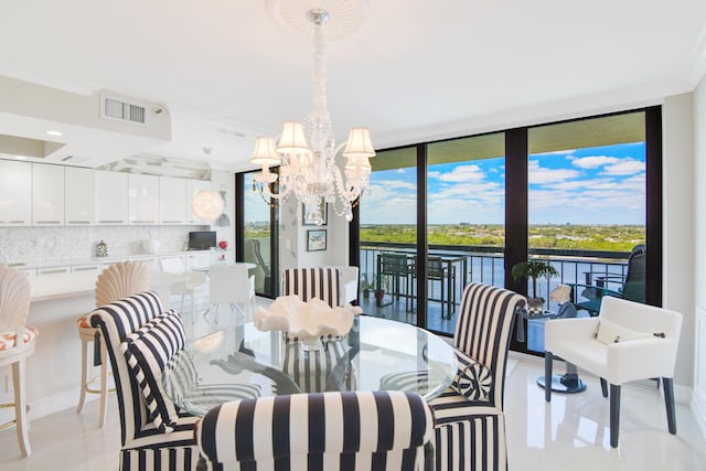 dining space with floor to ceiling windows, crown molding, light tile patterned flooring, and an inviting chandelier