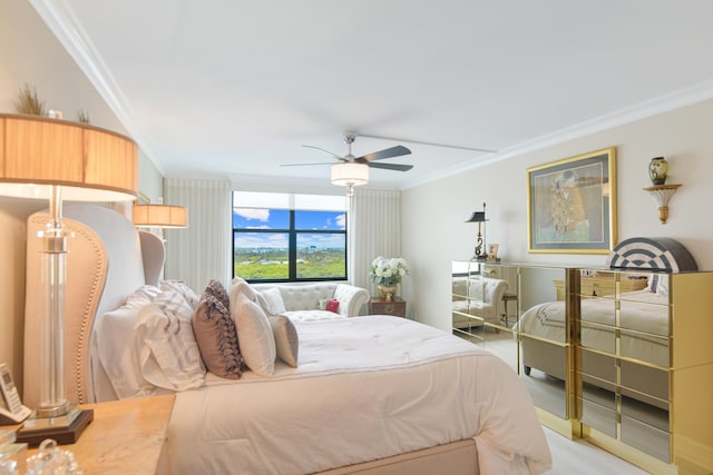 bedroom with light carpet, ceiling fan, and ornamental molding