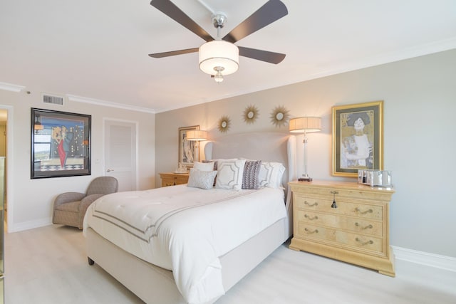 2003 N Ocean Blvd Unit 1203, Boca Raton, FL 33431 - bedroom featuring light wood-style flooring, crown molding, baseboards, and ceiling fan