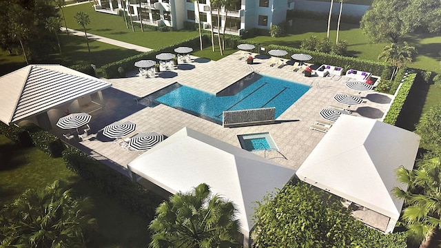 view of pool featuring a gazebo, a yard, and a patio