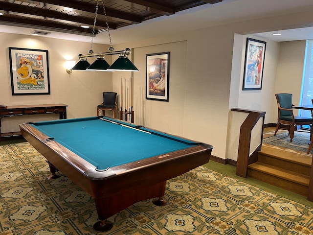 game room with beamed ceiling, wooden ceiling, and billiards