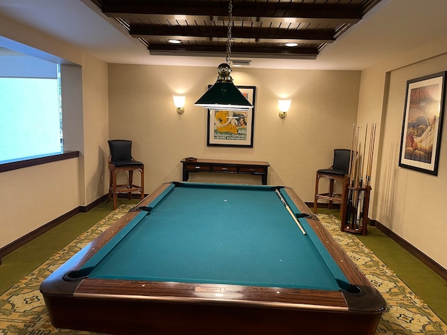 rec room featuring dark carpet, beamed ceiling, wood ceiling, and pool table