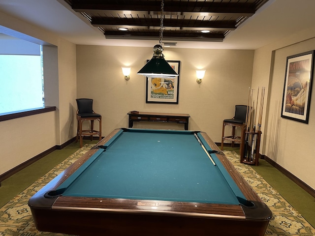 2003 N Ocean Blvd Unit 1203, Boca Raton, FL 33431 - game room featuring wood ceiling with exposed beams, billiards, baseboards, and carpet floors