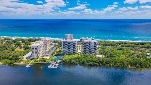 birds eye view of property featuring a water view