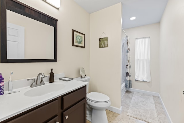 full bathroom featuring tile patterned flooring, vanity, shower / bathtub combination with curtain, and toilet