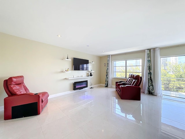 living room featuring light tile patterned flooring