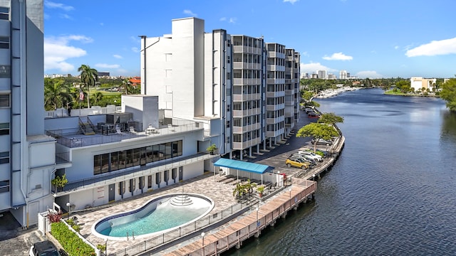 exterior space with a water view