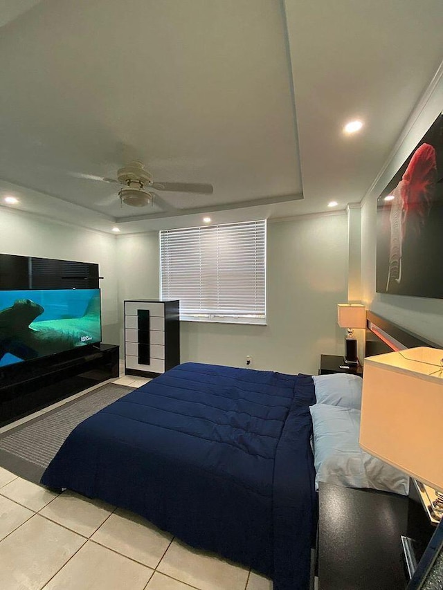 bedroom featuring ceiling fan and light tile patterned floors