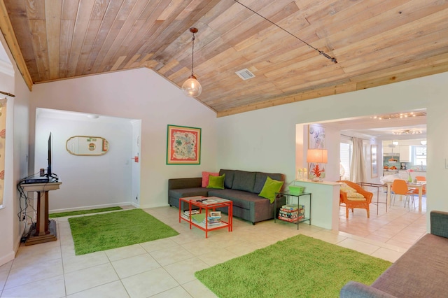 living room with lofted ceiling, light tile patterned floors, and wood ceiling