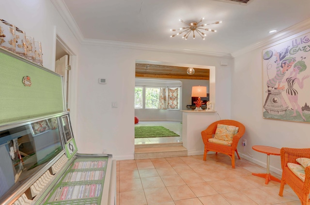 living area featuring ornamental molding, light tile patterned floors, and a chandelier