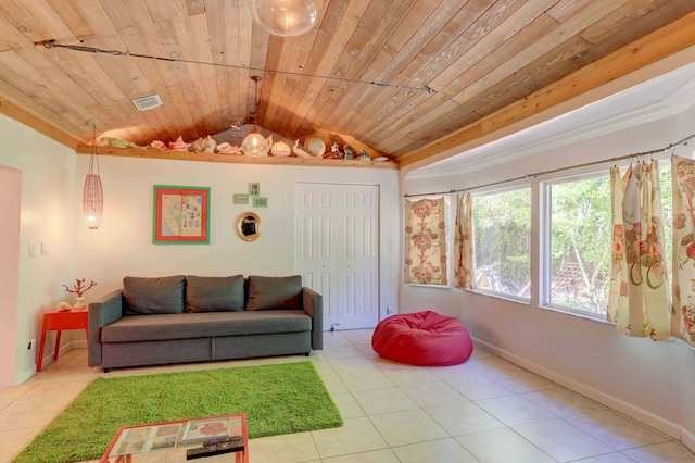 living room with wooden ceiling, light tile patterned floors, and vaulted ceiling