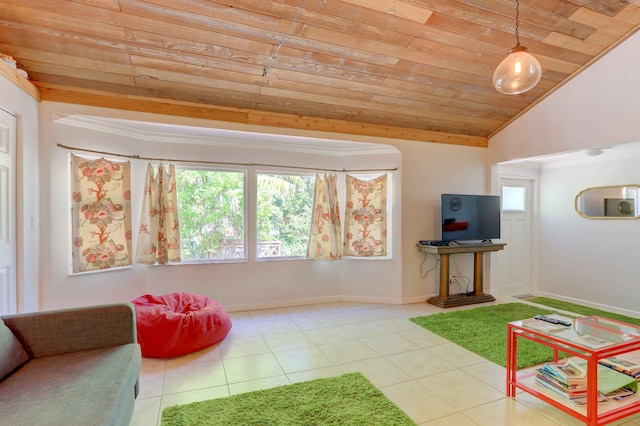 tiled living room featuring wooden ceiling and lofted ceiling