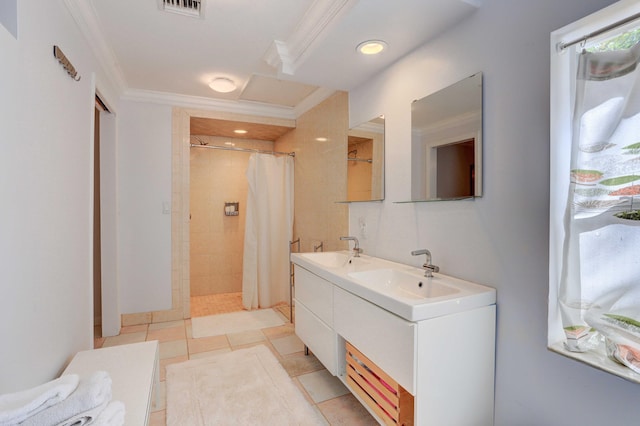 bathroom featuring ornamental molding, tile patterned flooring, vanity, and a shower with curtain