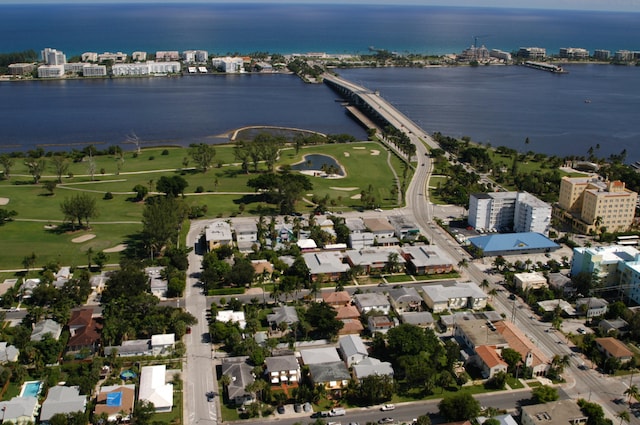 bird's eye view with a water view