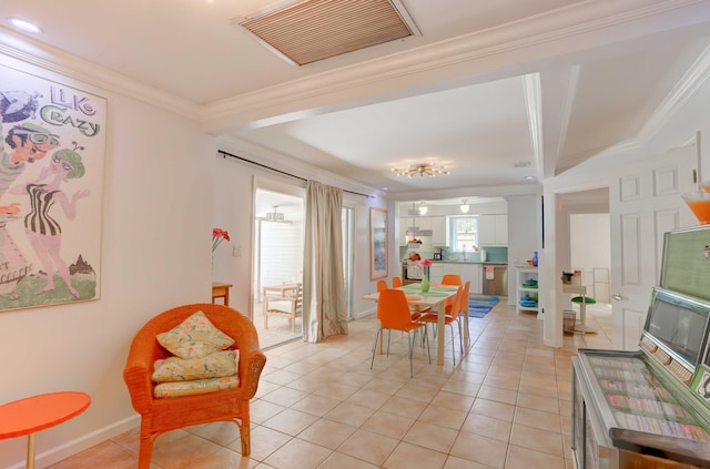 tiled dining room with crown molding