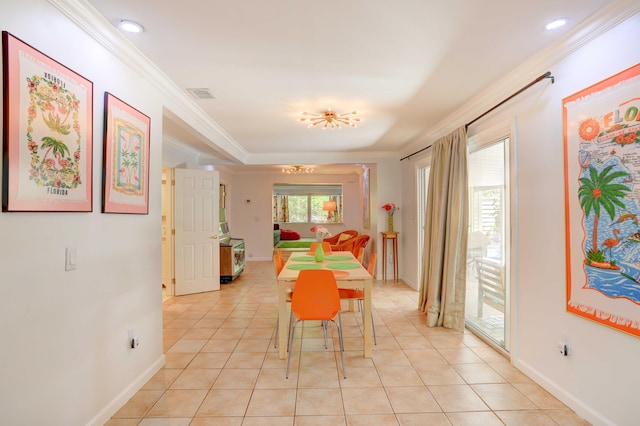 tiled dining room with crown molding