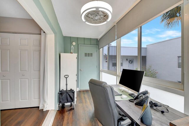 office with dark wood-type flooring