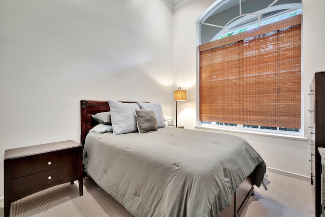 carpeted bedroom with crown molding