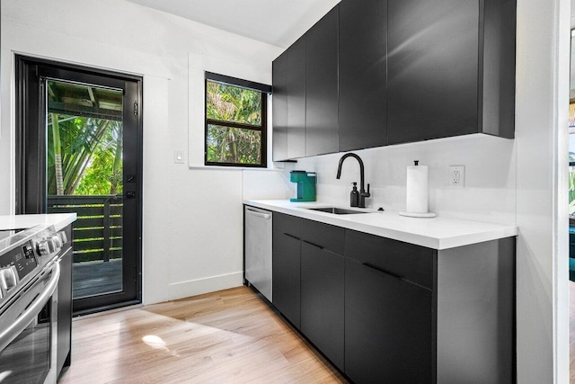 kitchen with stainless steel appliances, light hardwood / wood-style floors, sink, and backsplash