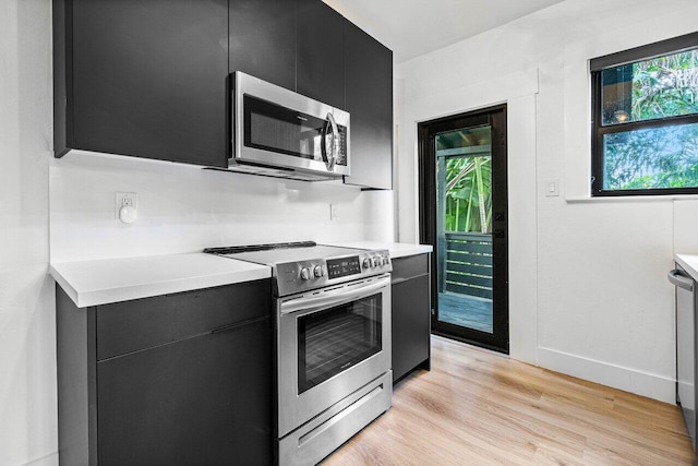 kitchen with light hardwood / wood-style flooring and appliances with stainless steel finishes