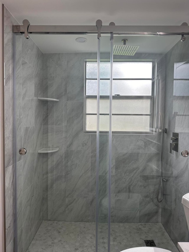 bathroom with a wealth of natural light, toilet, and walk in shower