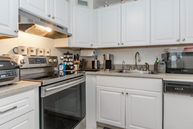 kitchen with electric range, dishwasher, under cabinet range hood, a sink, and white cabinets