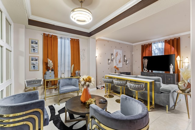 living room with light tile patterned floors and crown molding