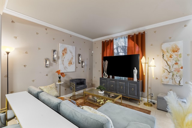 living room featuring light tile patterned floors and crown molding