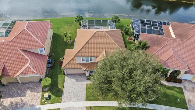 aerial view featuring a water view