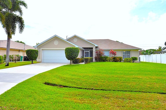 single story home with a garage and a front yard