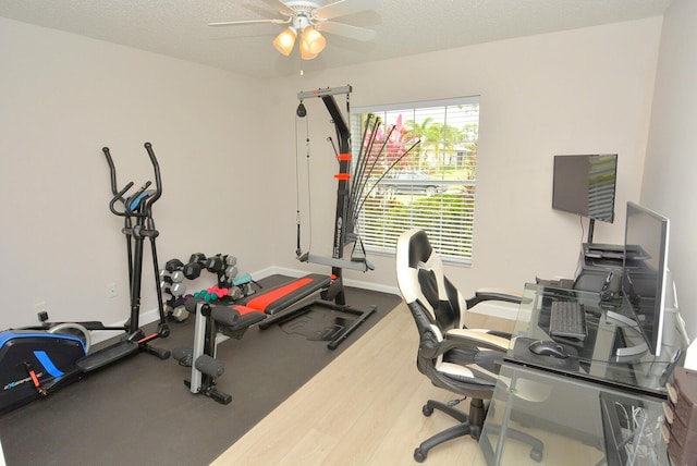 office with a textured ceiling, hardwood / wood-style flooring, and ceiling fan