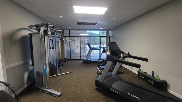 exercise room with expansive windows and a paneled ceiling