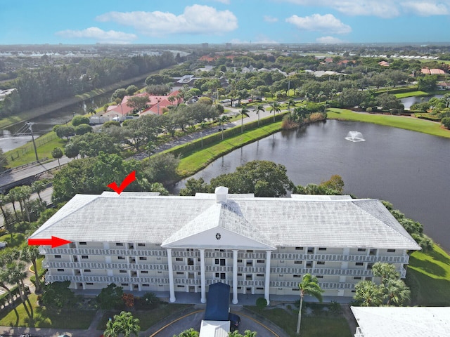 aerial view featuring a water view