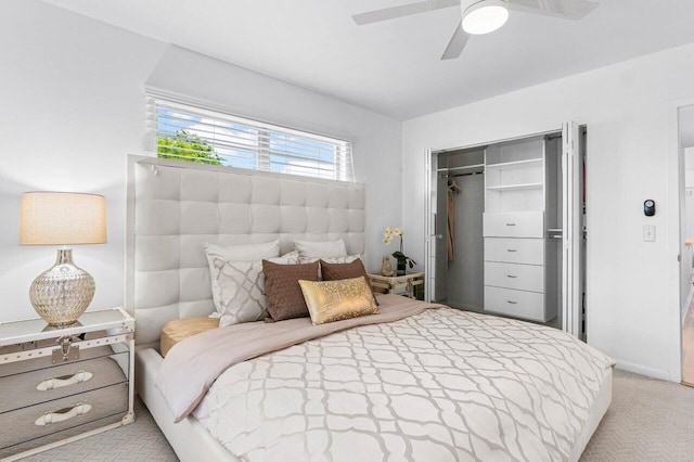 carpeted bedroom featuring ceiling fan