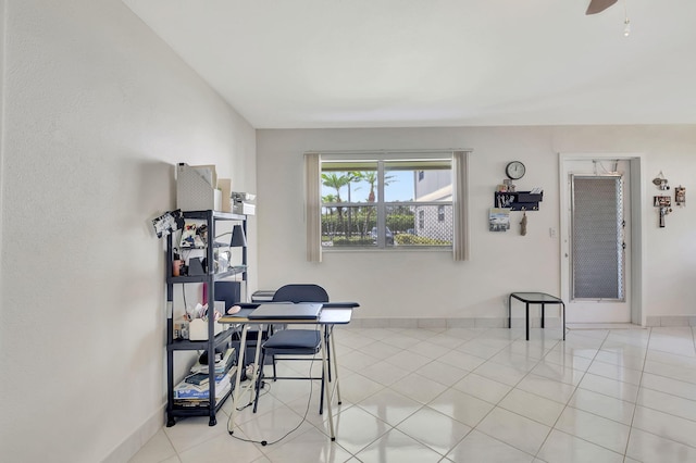 tiled office with ceiling fan