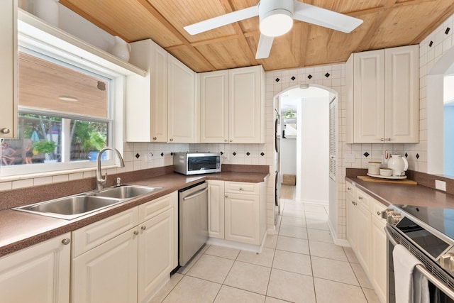 kitchen with decorative backsplash, wood ceiling, stainless steel appliances, sink, and white cabinetry