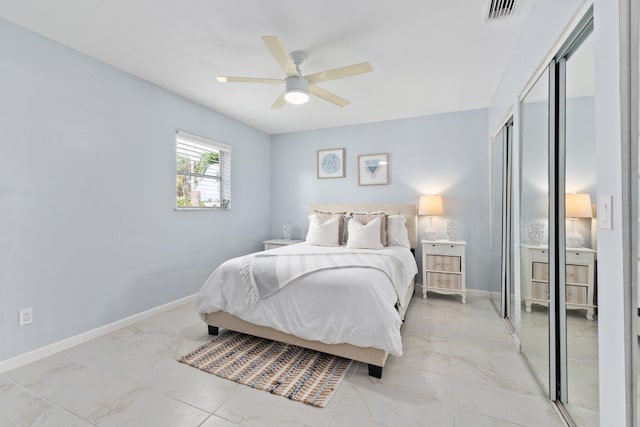 bedroom featuring ceiling fan and a closet