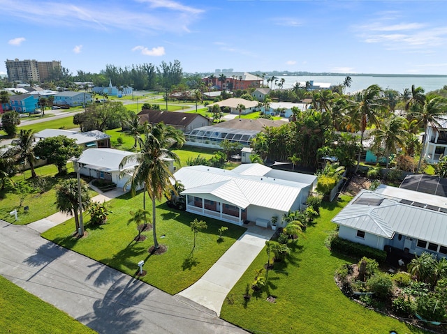 bird's eye view with a water view