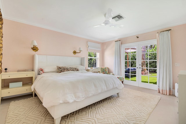 bedroom with ceiling fan, ornamental molding, french doors, and access to outside