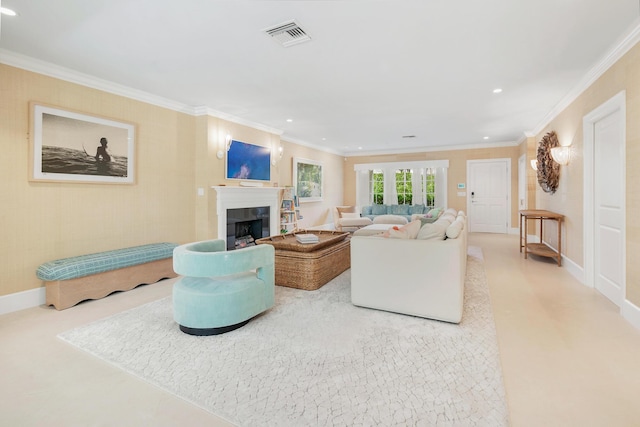 240 El Dorado Ln, Palm Beach, FL 33480 - living area featuring recessed lighting, a tile fireplace, baseboards, and crown molding