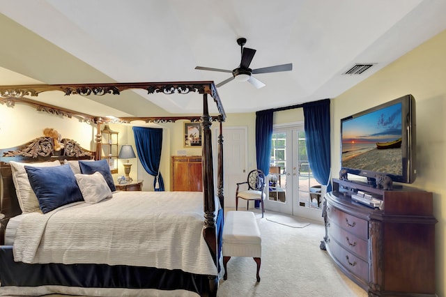 carpeted bedroom featuring french doors, ceiling fan, and access to exterior