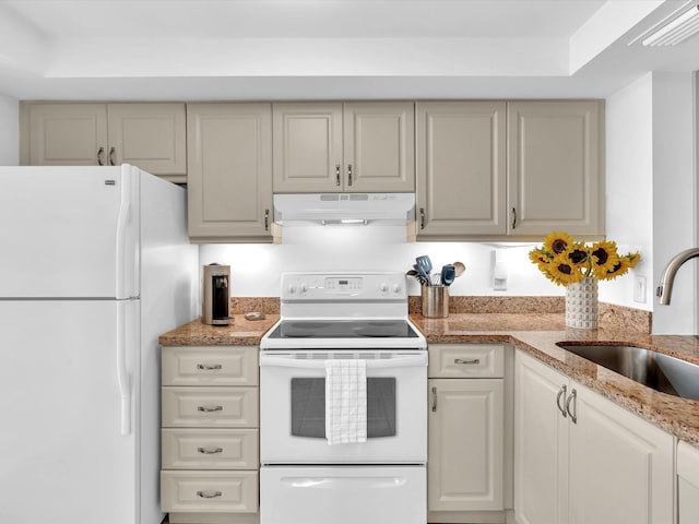 kitchen with a tray ceiling, light stone countertops, sink, and white appliances